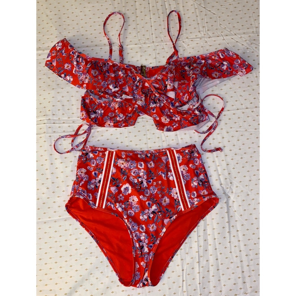 Red floral two piece swim suit